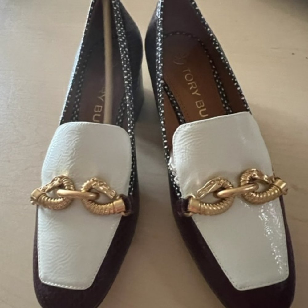 Tory Burch Women's Burgundy Snake Embossed Jessa Mid-Heel Pump Loafer size 7